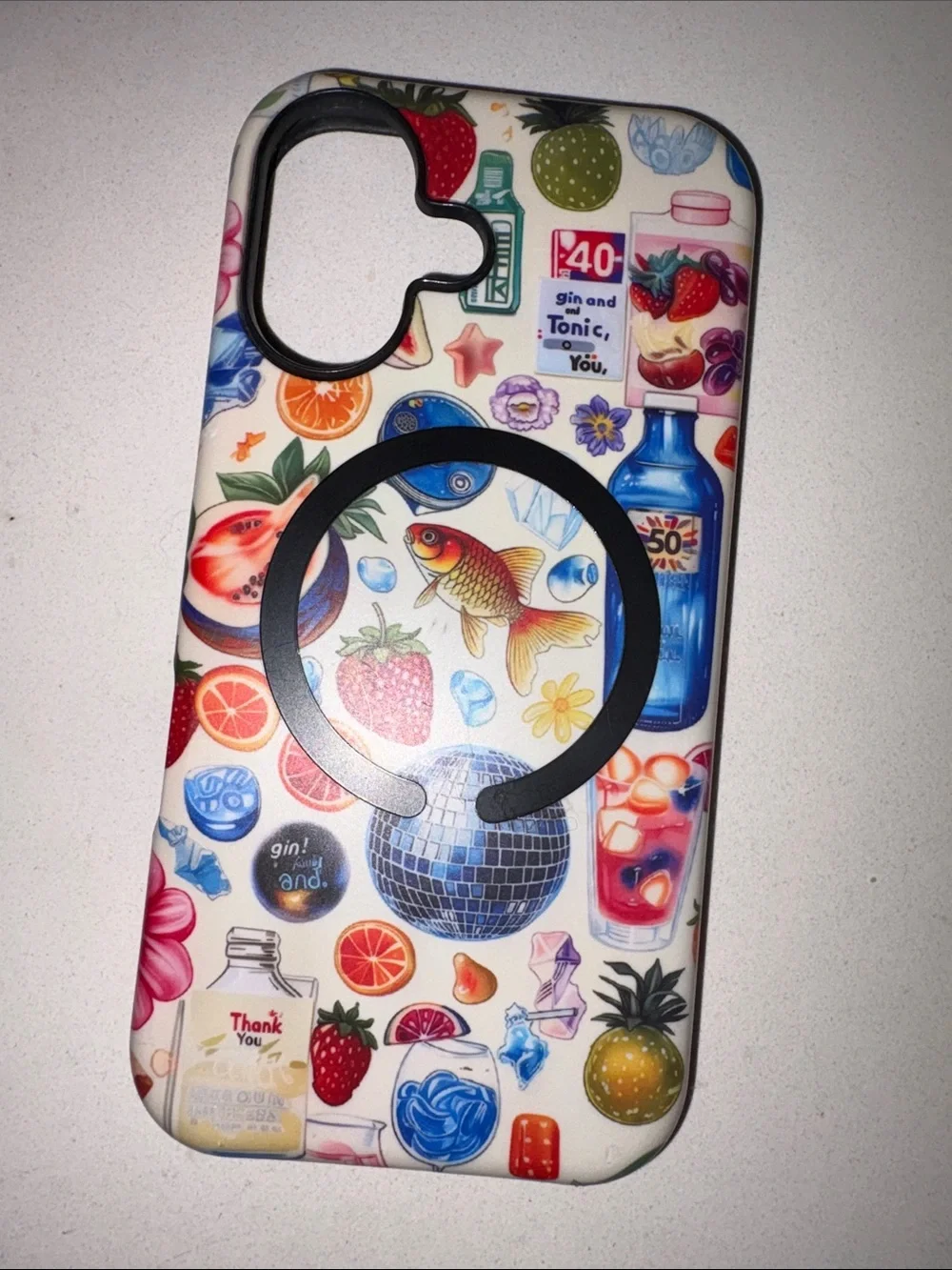 Colorful Fruit & Fish Pattern Phone Case with Black Ring Grip
